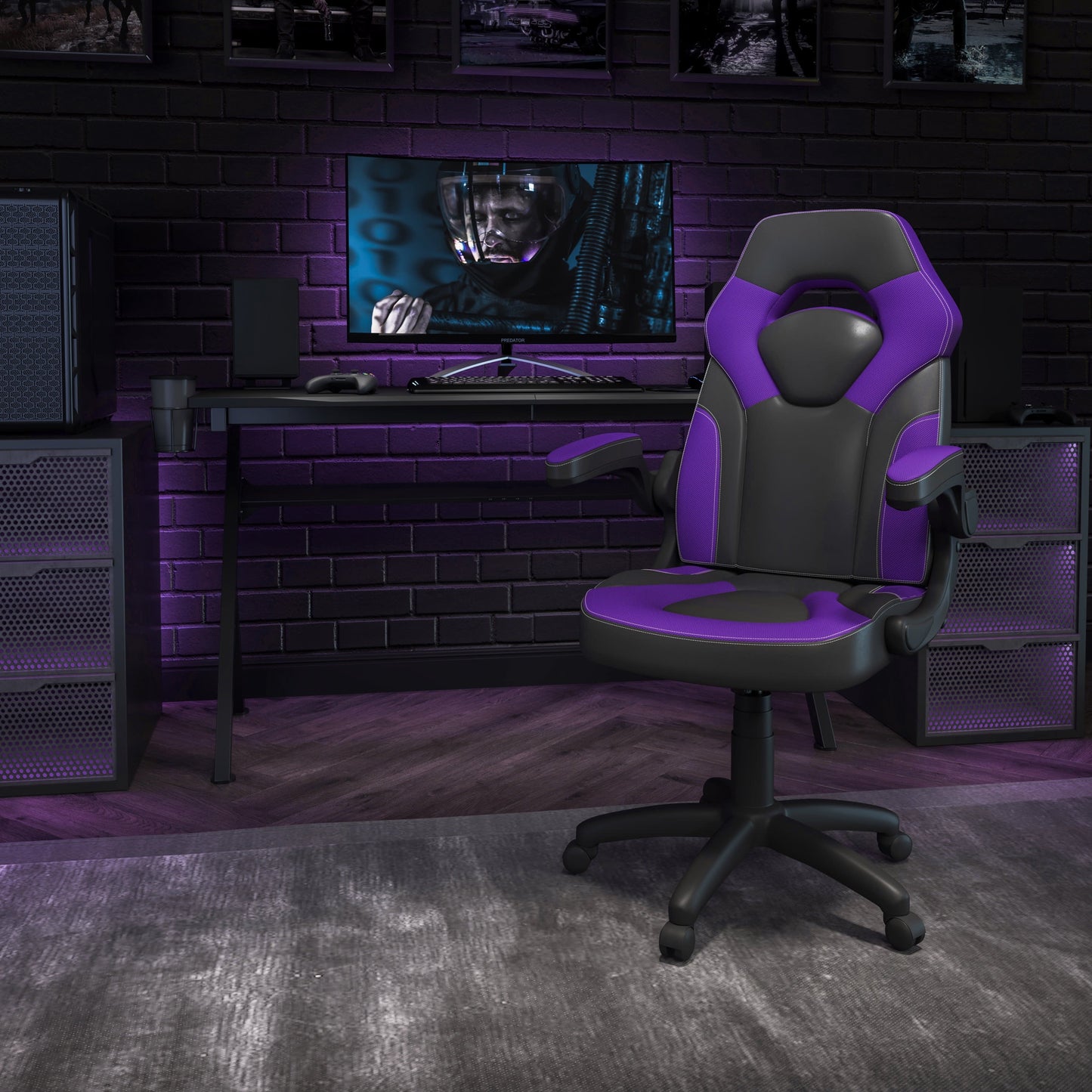 BizChair Gaming Chair Racing Office Ergonomic Computer PC Adjustable Swivel Chair with Flip-up Arms, Purple/Black LeatherSoft