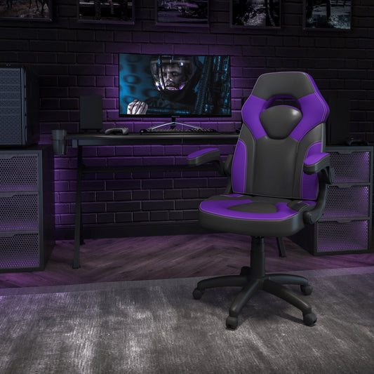 BizChair Gaming Chair Racing Office Ergonomic Computer PC Adjustable Swivel Chair with Flip-up Arms, Purple/Black LeatherSoft