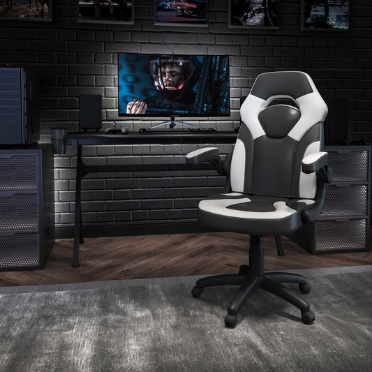BizChair Gaming Chair Racing Office Ergonomic Computer PC Adjustable Swivel Chair with Flip-up Arms, White/Black LeatherSoft