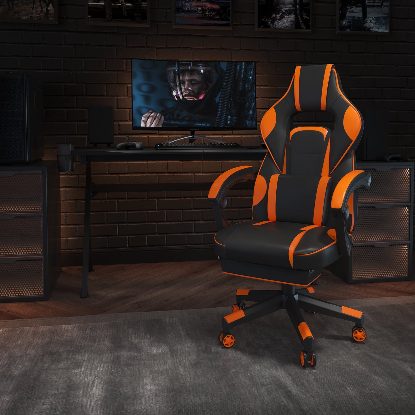 BizChair X40 Gaming Chair Racing Ergonomic Computer Chair with Fully Reclining Back/Arms, Slide-Out Footrest, Massaging Lumbar - Black/Orange