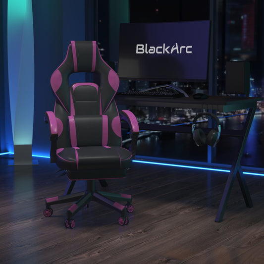 BlackArc Gaming Chair Outfitted With Footrest, Headrest, Lumbar Support Massage Pillow, Reclining Seat/Arms In Black & Purple