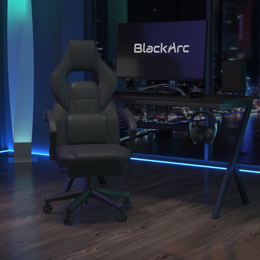 BlackArc Gaming Chair Outfitted With Footrest, Headrest, Lumbar Support Massage Pillow, Reclining Seat/Arms In Black
