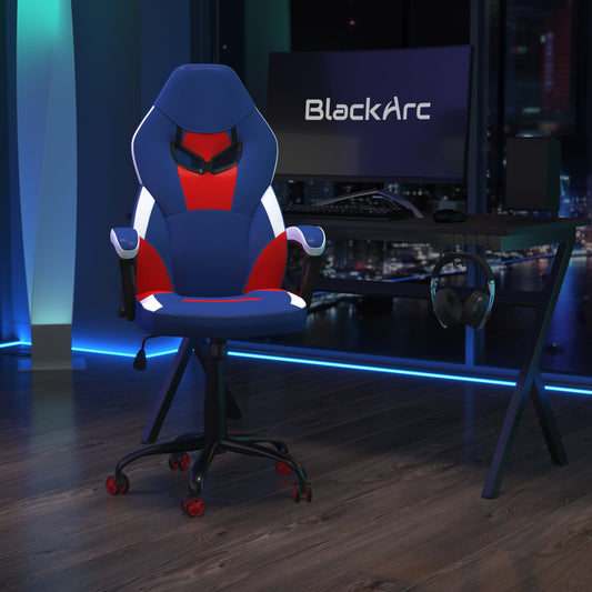 BlackArc High Back Gaming Chair with Red and Blue Faux Leather Upholstery, Adjustable Swivel Seat and Padded Flip-Up Arms