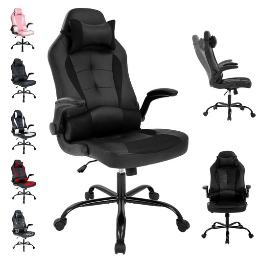 CL.HPAHKL High-Back Gaming Chair Racing Office Chair Office Chair Video Game Chair for Adults Ergonomic PU Leather Rolling Swivel Chair with Lumbar Support Adjustable Stool Flip (Black)