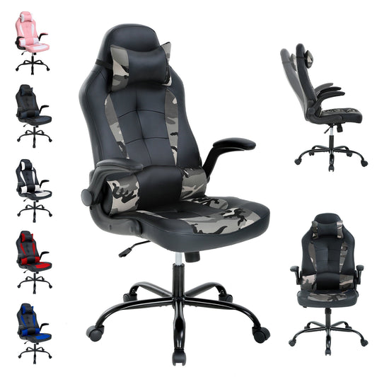 CL.HPAHKL High-Back Gaming Chair Racing Office Chair Office Chair Video Game Chair for Adults Ergonomic PU Leather Rolling Swivel Chair with Lumbar Support Adjustable Stool Flip(Camo)