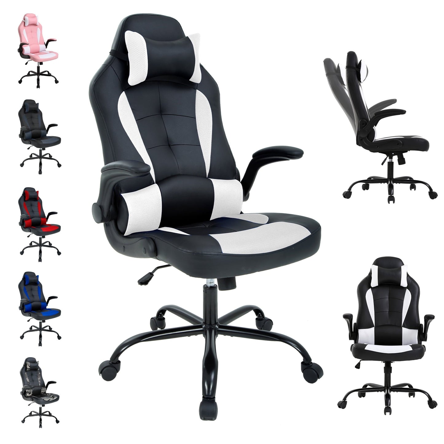 CL.HPAHKL High-Back Gaming Chair Racing Office Chair Office Chair Video Game Chair for Adults Ergonomic PU Leather Rolling Swivel Chair with Lumbar Support Adjustable Stool Flip (White)