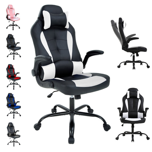 CL.HPAHKL High-Back Gaming Chair Racing Office Chair Office Chair Video Game Chair for Adults Ergonomic PU Leather Rolling Swivel Chair with Lumbar Support Adjustable Stool Flip (White)