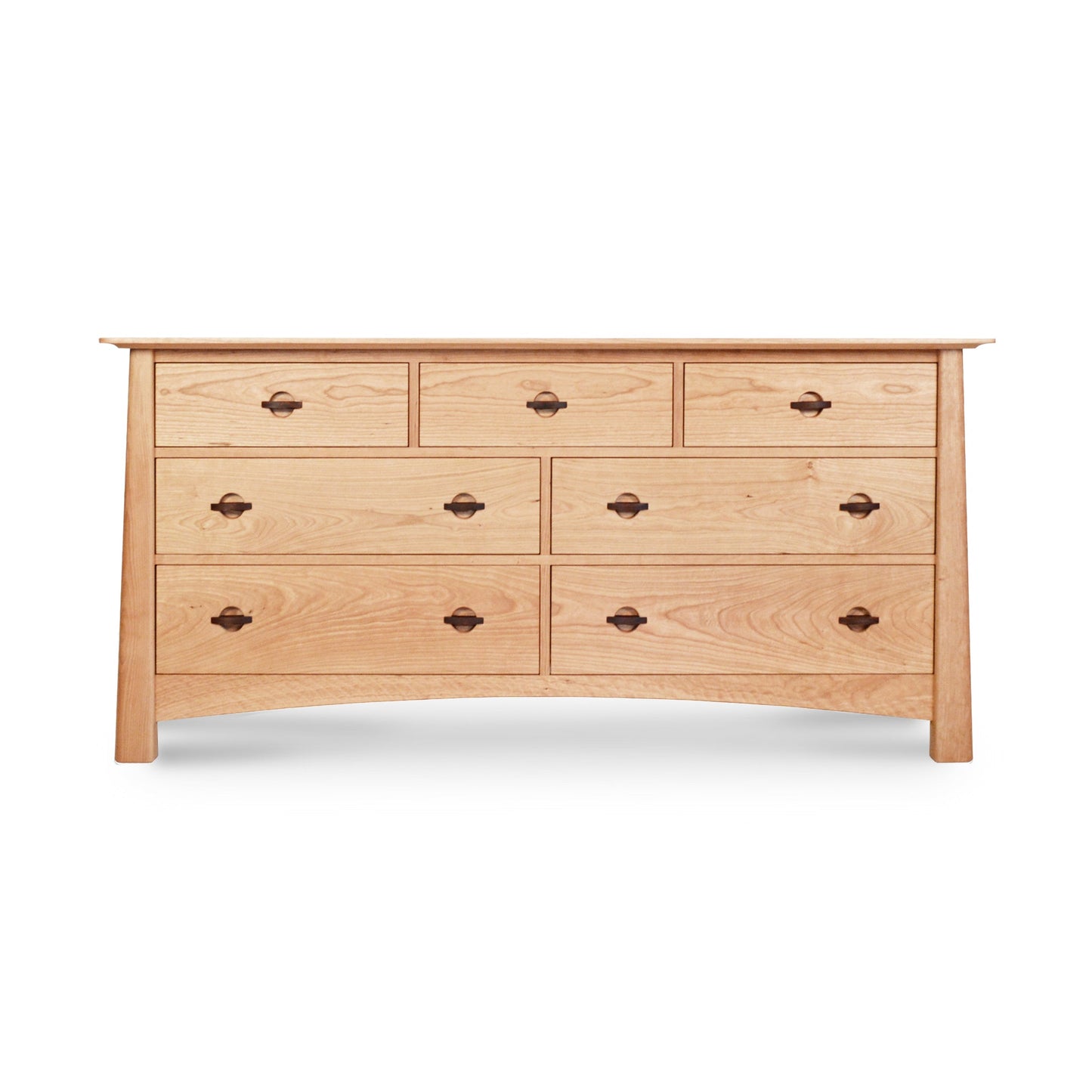 A Cherry Moon 7-Drawer dresser from Maple Corner Woodworks, featuring a light natural wood finish and round pull handles, isolated on a white background.