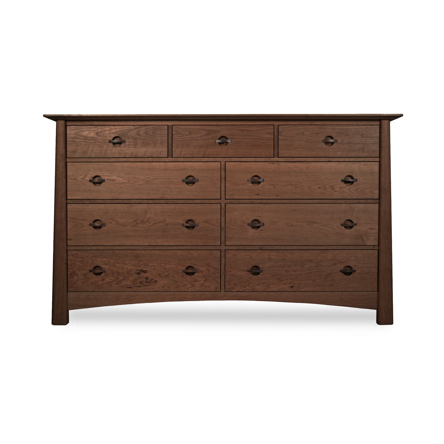 A Cherry Moon 9-Drawer Dresser from Maple Corner Woodworks, featuring a dark brown finish and round knobs, isolated on a white background. This eco-friendly dresser is perfect for sustainable homes.