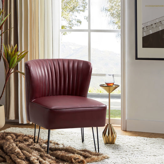 Classic Faux Leather Side Accent Chair Metal Base Tufted Mid Back Bedroom Living Room Burgundy
