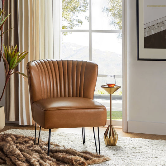 Classic Faux Leather Side Accent Chair Metal Base Tufted Mid-back Bedroom Living Room Camel