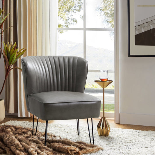 Classic Faux Leather Side Accent Chair Metal Base Tufted Mid-back Bedroom Living Room Grey