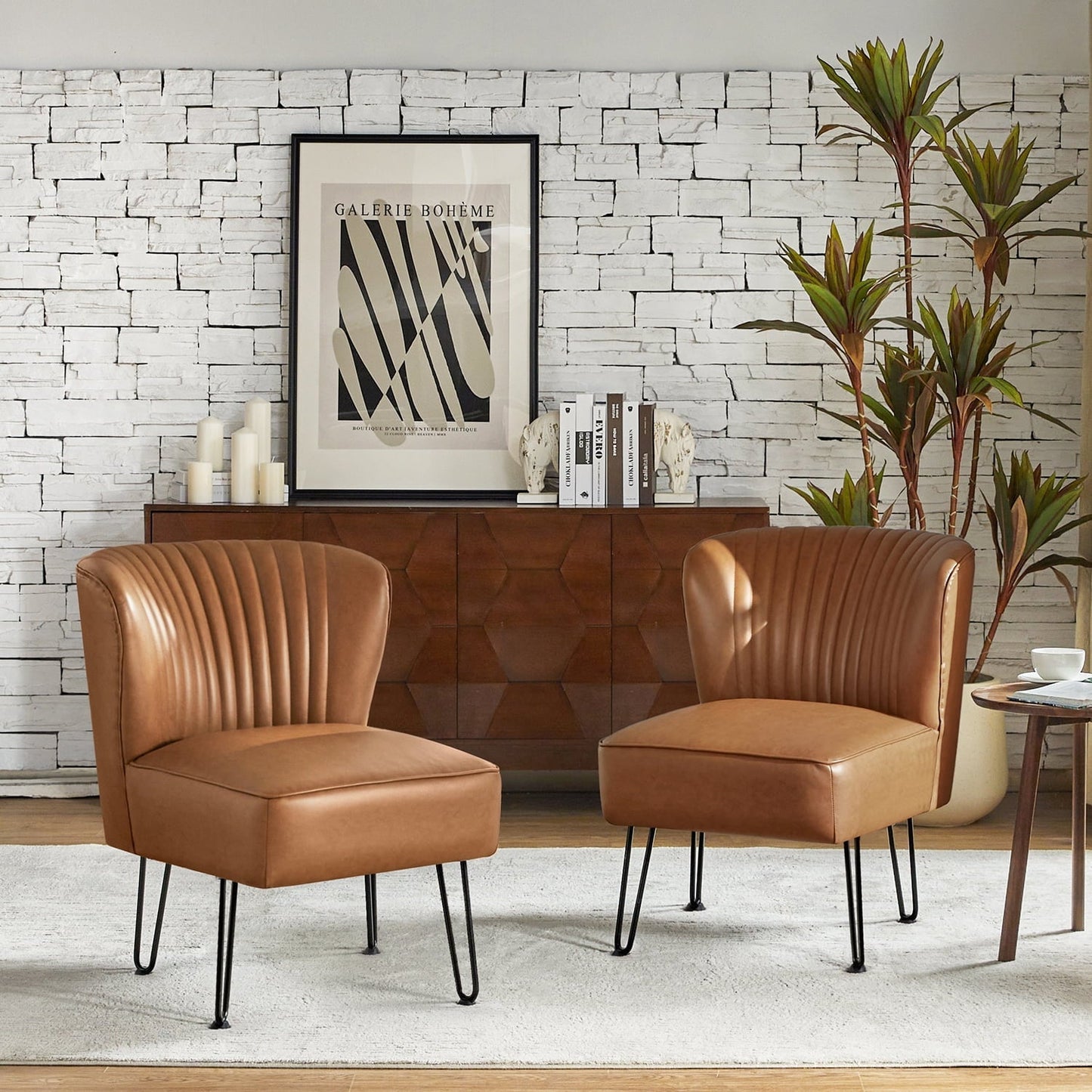 Classic Faux Leather Side Accent Chair Set of 2 Metal Base Tufted Mid-back Bedroom Living Room Camel