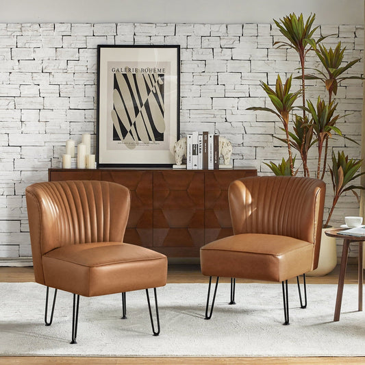 Classic Faux Leather Side Accent Chair Set of 2 Metal Base Tufted Mid-back Bedroom Living Room Camel