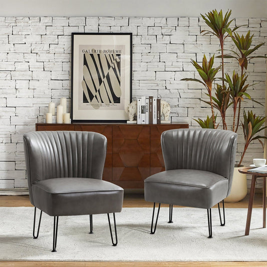 Classic Faux Leather Side Accent Chair Set of 2 Metal Base Tufted Mid-back Bedroom Living Room Grey