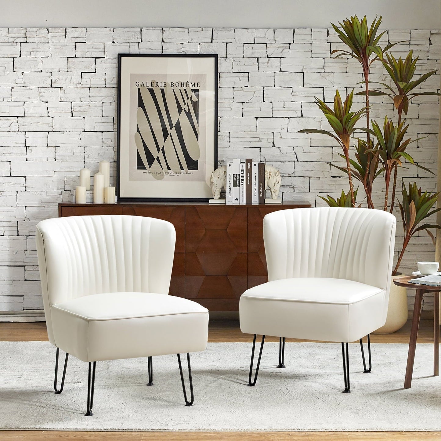 Classic Faux Leather Side Accent Chair Set of 2 Metal Base Tufted Mid-back Bedroom Living Room Ivory