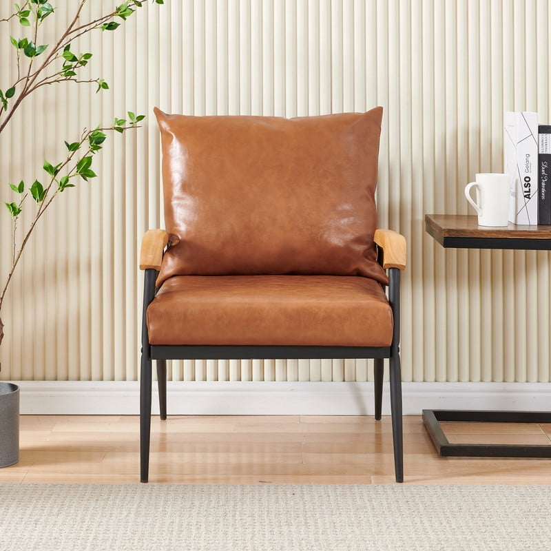 Clipop Faux Leather Single Sofa Couch, Modern Accent Armchair with Solid Wood Armrest and Sturdy Metal Frame, for Living Room,Adult,Light Brown