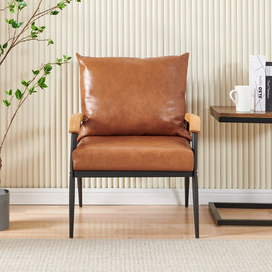 Clipop Faux Leather Single Sofa Couch, Modern Accent Armchair with Solid Wood Armrest and Sturdy Metal Frame, for Living Room,Adult,Light Brown