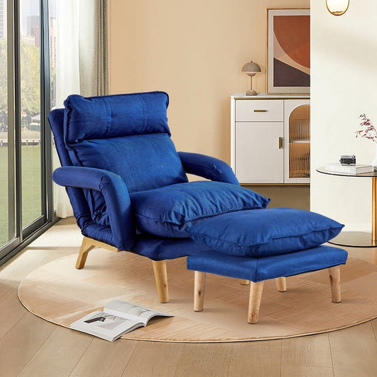 Clipop Living Room Accent Chair with Ottoman,Adult Linen Armchair 5 Angles Adjustable Back,Blue