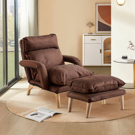 Clipop Living Room Accent Chair with Ottoman,Adult Linen Armchair 5 Angles Adjustable Back,Brown