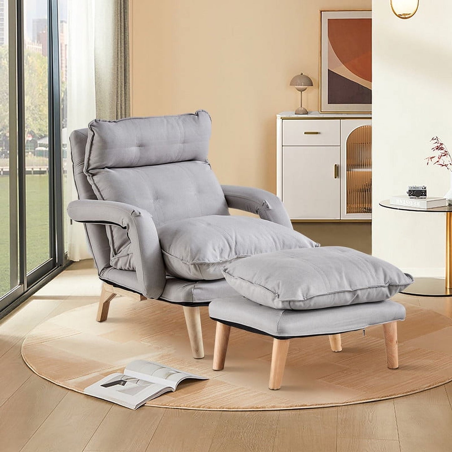 Clipop Living Room Accent Chair with Ottoman,Adult Linen Armchair 5 Angles Adjustable Back,Gray
