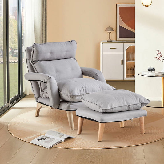 Clipop Living Room Accent Chair with Ottoman,Adult Linen Armchair 5 Angles Adjustable Back,Gray