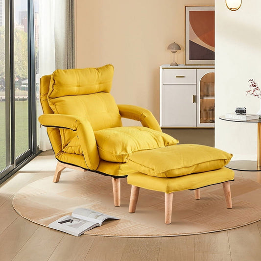 Clipop Living Room Accent Chair with Ottoman,Adult Linen Armchair 5 Angles Adjustable Back,Yellow