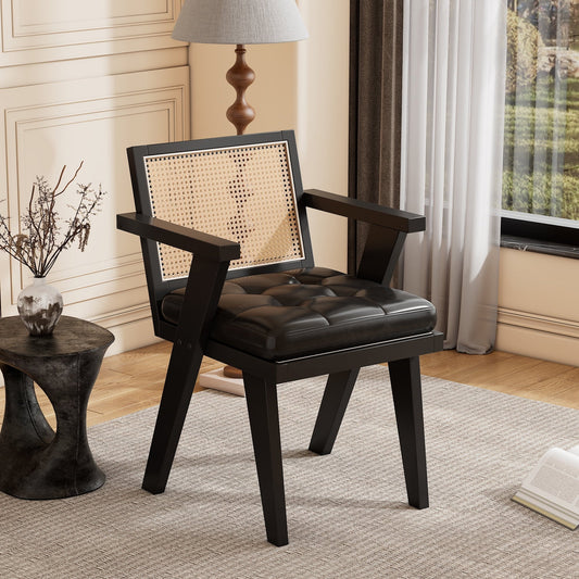 CoSoTower Mid-Century Accent Chair with Handcrafted Rattan Backrest and Padded Seat for Leisure, Bedroom, Kitchen, Living Room, Enterway, Black