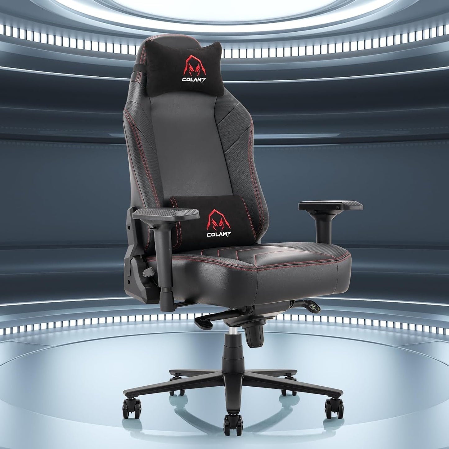 Colamy Big and Tall Black Leather 350lbs-Racing Computer Reclining Gamer Chair with Pillow
