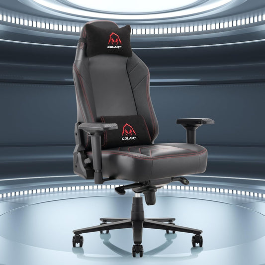 Colamy Big and Tall Black Leather 350lbs-Racing Computer Reclining Gamer Chair with Pillow