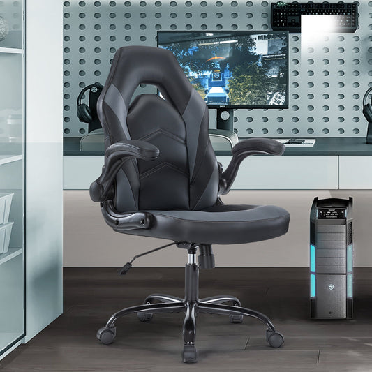 Computer Desk Chair, Gaming Chair with Flip-up Armrests, Ergonomic Home Office Chairs Height Adjustable, Leather Game Chair with Lumbar Support, Black and Gray