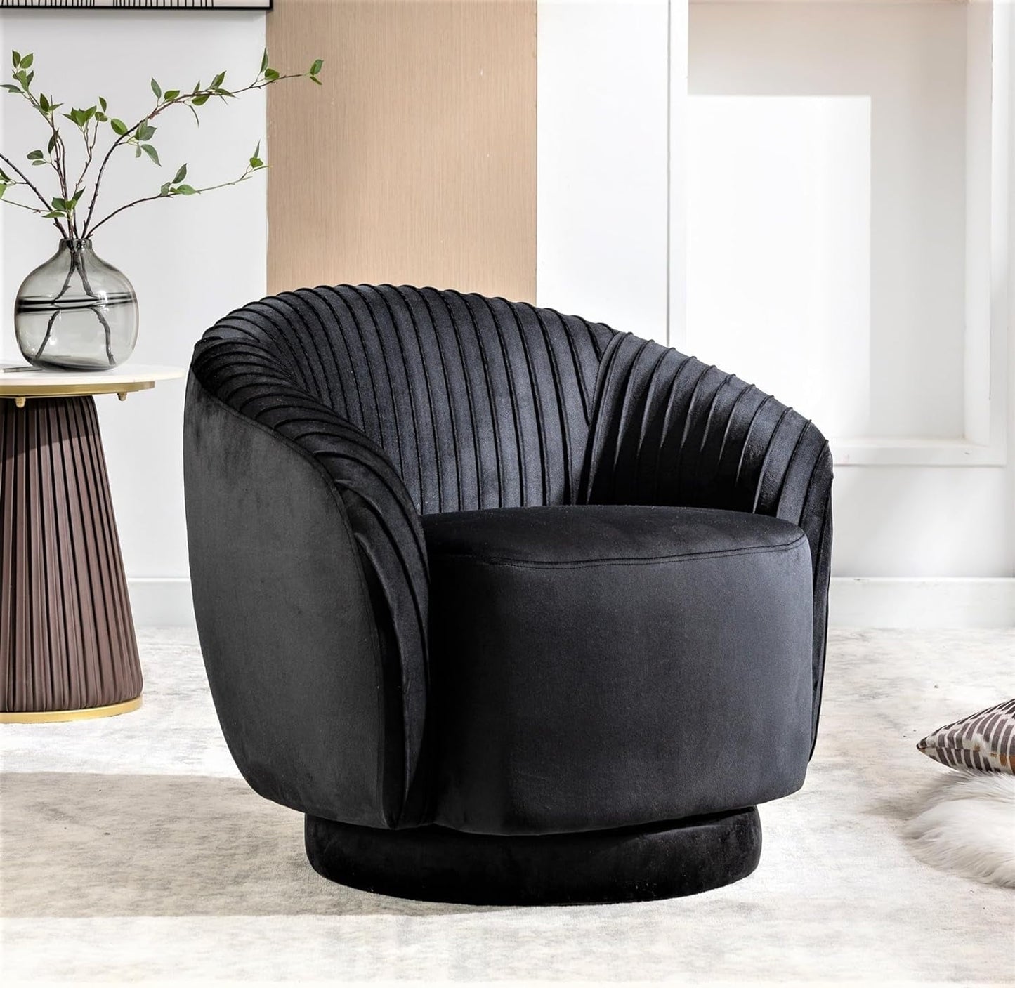 Container Furniture Direct Modern Barrel Swivel Chair with Plush Velvet Upholstery and Smooth 360징찾 Rotation, Round Accent One-Seater Sofa for Living Room, Bedroom and Office