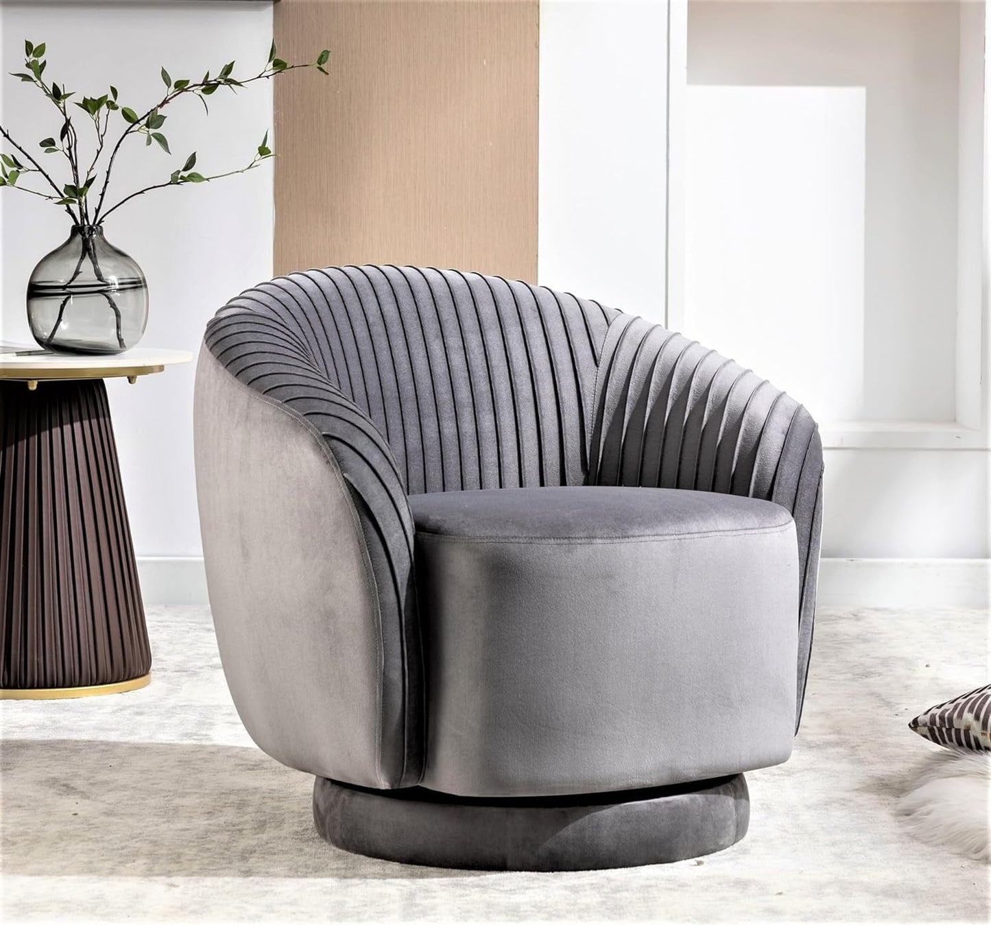 Container Furniture Direct Modern Barrel Swivel Chair with Plush Velvet Upholstery and Smooth 360징찾 Rotation, Round Accent One-Seater Sofa for Living Room, Bedroom and Office