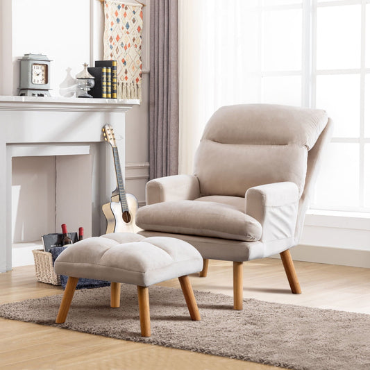 Contemporary Upholstered Reclining Chair with Adjustable Backrest and Ottoman, Padded Accent Armchair with Pocket and Tufted Footrest Stool with Wood Legs, Beige