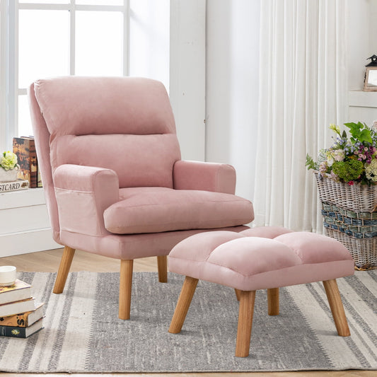 Contemporary Upholstered Reclining Chair with Adjustable Backrest and Ottoman, Padded Accent Armchair with Pocket and Tufted Footrest Stool with Wood Legs, Pink