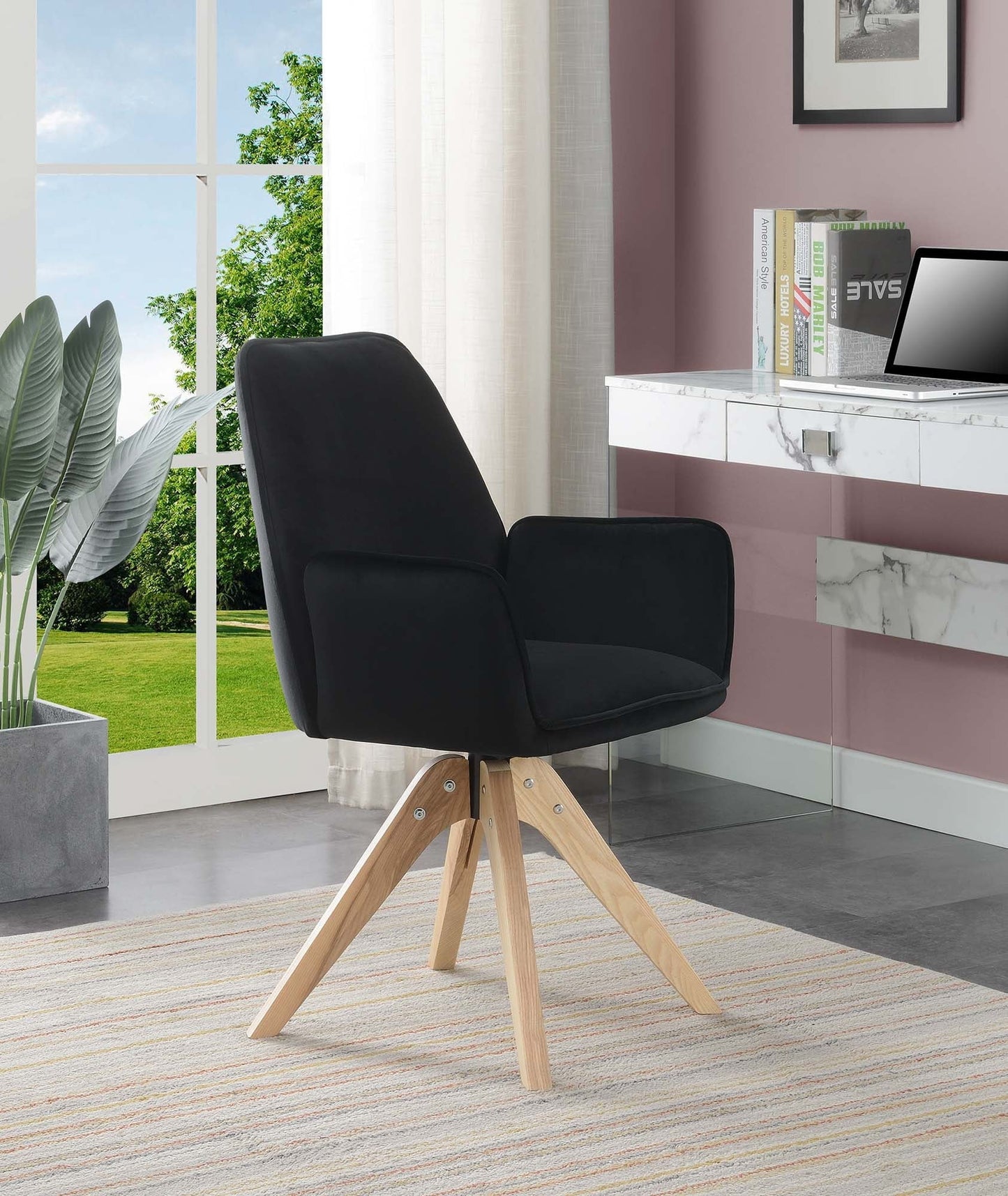 Convenience Concepts Take a Seat Miranda Swivel Accent Chair, Black Velvet/Natural Wood
