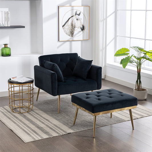 Convertible Accent Chair with Ottoman and 2 Pillows, Modern Velvet Upholstered Single Sofa Chair with Gold Metal Legs, Button-Tufted Living Room Chairs for Office, Bedroom, Black