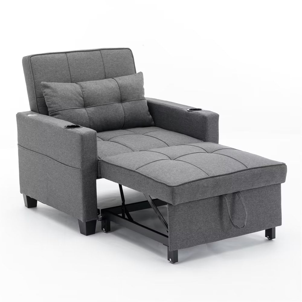 Convertible Sleeper Sofa Bed, 3-in-1 Multi-Functional Pull Out Sleeper Futon Chair Beds with USB Ports and Adjustable Backrest, Modern Linen Fabric Armchair for Living Room Bedroom, Dark Grey