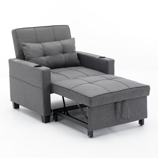 Convertible Sleeper Sofa Bed, 3-in-1 Multi-Functional Pull Out Sleeper Futon Chair Beds with USB Ports and Adjustable Backrest, Modern Linen Fabric Armchair for Living Room Bedroom, Dark Grey