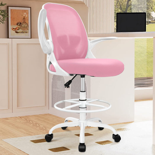 Coolhut Drafting Chair, Tall Office Chair Standing Desk Chair, Office Drafting Chair with Lumbar Support and Adjustable Footrest Ring, 300lbs, Pink