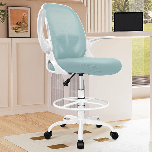 Coolhut Drafting Chair, Tall Office Chair Standing Desk Chair, Office Drafting Chair with Lumbar Support and Adjustable Footrest Ring, 300lbs, Light Blue