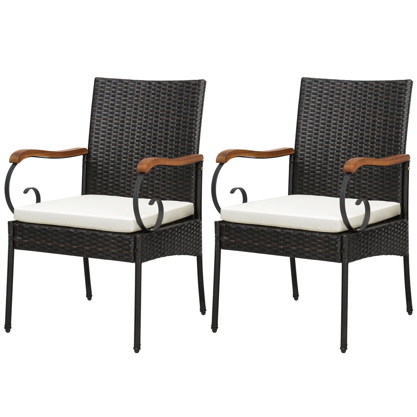 Costway 2PCS Patio PE Wicker Chairs Acacia Wood Armrests withSoft Zippered Cushion Garden
