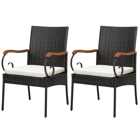 Costway 2PCS Patio PE Wicker Chairs Acacia Wood Armrests withSoft Zippered Cushion Garden