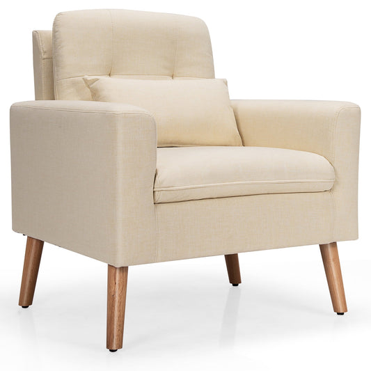 Costway Accent Chair Upholstered Linen Armchair Sofa Chair w/Waist Pillow Beige