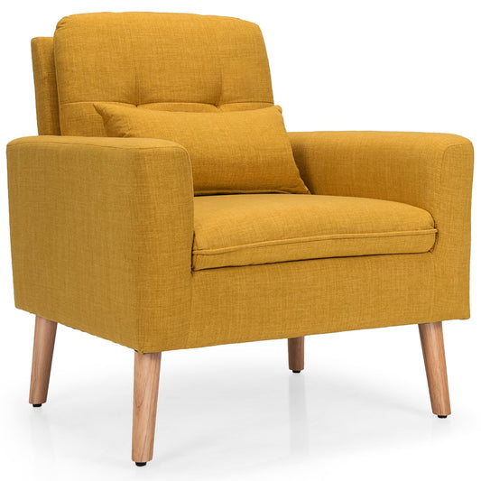 Costway Accent Chair Upholstered Linen Armchair Sofa Chair w/Waist Pillow Yellow