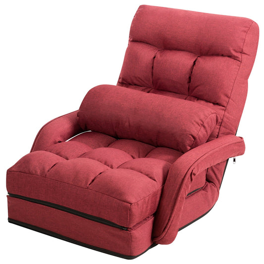 Costway Folding Floor Armchair w/ 6-position Adjustable Back & Lumbar Pillow Red