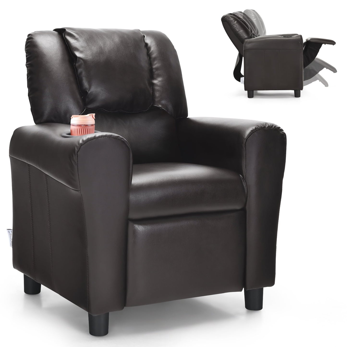 Costway Kids Recliner Chair PU Leather Armrest Sofa w/Footrest Cup Holder Brown