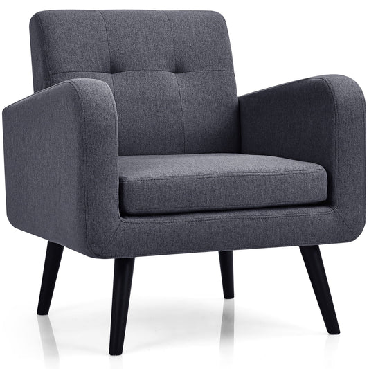 Costway Mid Century Accent Chair Fabric Arm Chair Single Sofa w/Rubber Wood Legs Grey