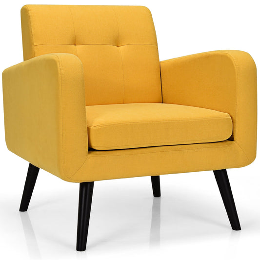 Costway Mid Century Accent Chair Fabric Arm Chair Single Sofa w/Rubber Wood Legs
