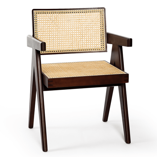 Cottinch Accent Chair Rattan Armchair Wooden Dinner Chair for Kitchen Dining Room, Ash Wood Walnut,1-Piece